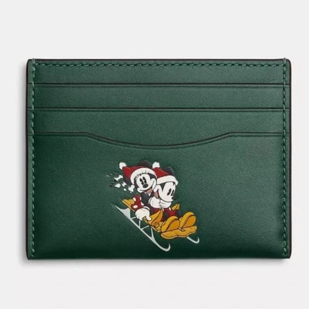 NWT Disney X Coach Slim Id Card Case With Winter Motif in Dark Pine/Gunmetal